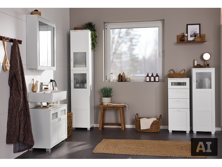 Helles Badezimmer mit weißen Schränken, Spiegel, Waschbecken und Holzdetails.