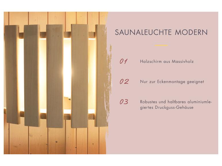 Moderne Saunaleuchte mit Massivholzschirm, nur zur Eckenmontage geeignet.