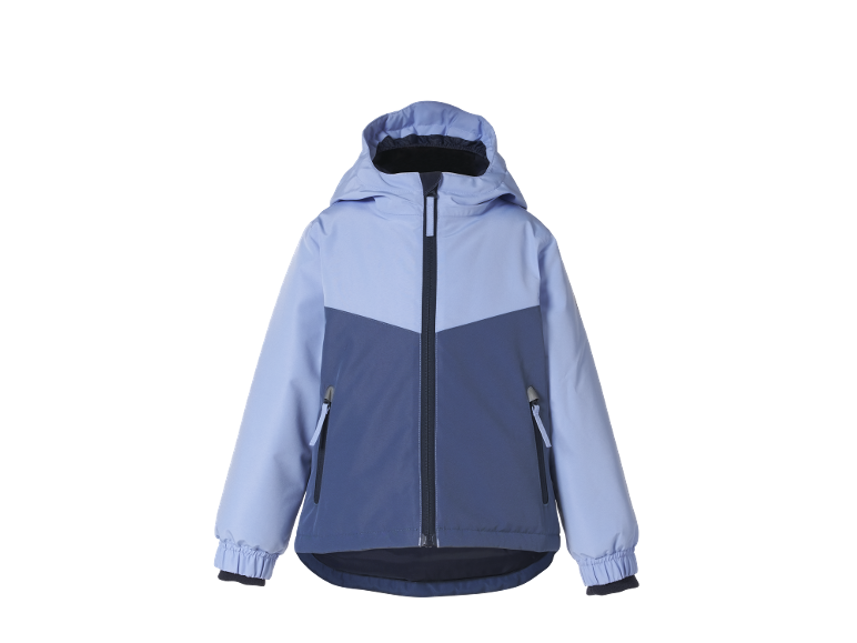 Zweifarbige blaue Kinderjacke mit Kapuze und Reißverschluss.