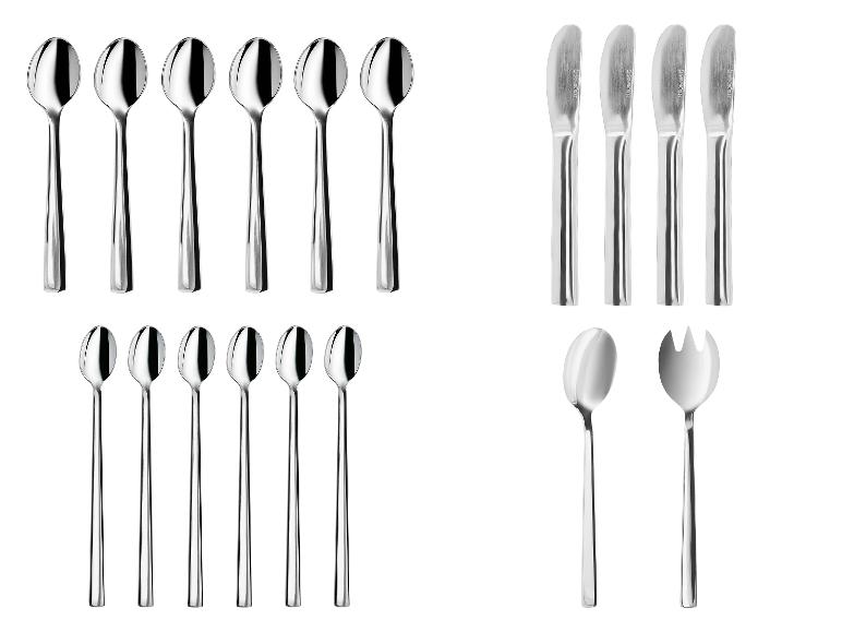 Besteckset aus Edelstahl mit Löffeln, Messern und Servierbesteck.