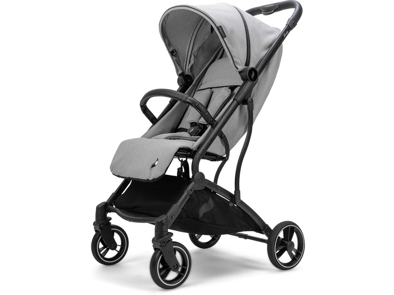 Ein grauer Bugaboo Kinderwagen mit schwarzem Gestell.
