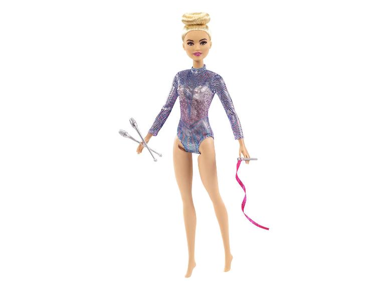 Barbie-Puppe in Turnkleidung mit Keulen und Band.