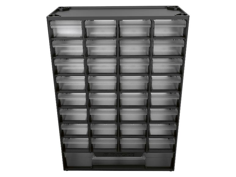 Schwarzer Aufbewahrungsschrank mit 33 transparenten Schubladen, ideal zur Organisation von Kleinteilen.