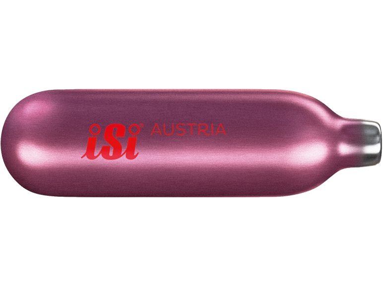Rosa Sahnekapsel mit rotem Text 'iSi AUSTRIA'.