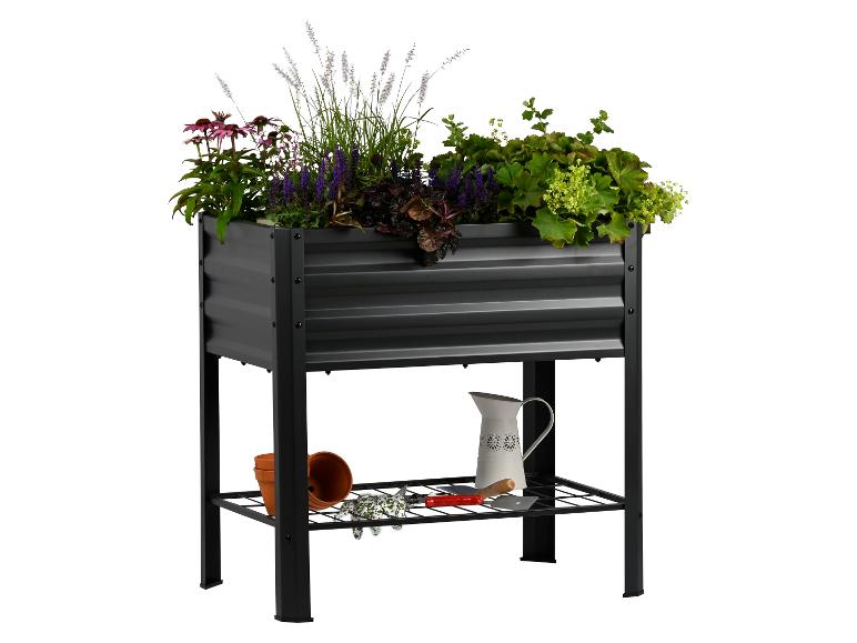 Schwarzes Hochbeet mit Pflanzen und Gartengeräten auf einem Regal.