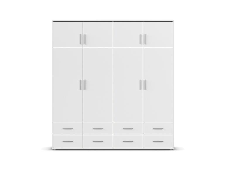 Weißer Kleiderschrank mit acht Türen und acht Schubladen, mit silbernen Griffen.
