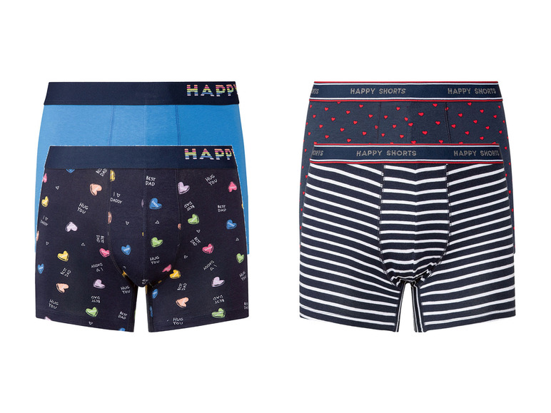 Drei Paar Boxershorts mit verschiedenen Mustern: Herzen, Streifen und einfarbig blau.