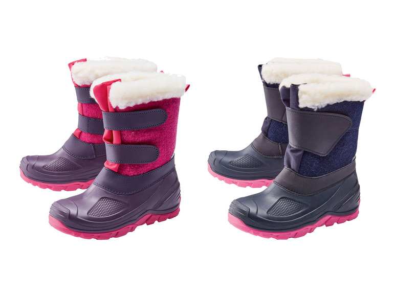 Zwei Paar Winterboots mit Fleece-Futter, rosa und blau.