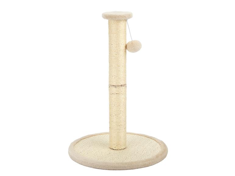 Katzenkratzbaum mit Sisalseil und Plüschball, in Beige.