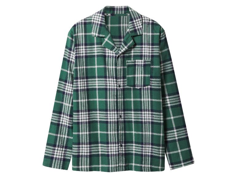 Flanell-Pyjamahemd in Grün, Weiß und Marineblau kariert.