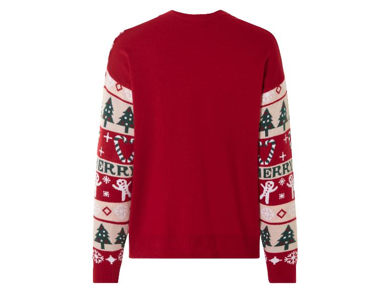 Ein roter Weihnachtspullover mit einem Weihnachtsbaum-, Lebkuchenmann- und Süßigkeitenmuster.