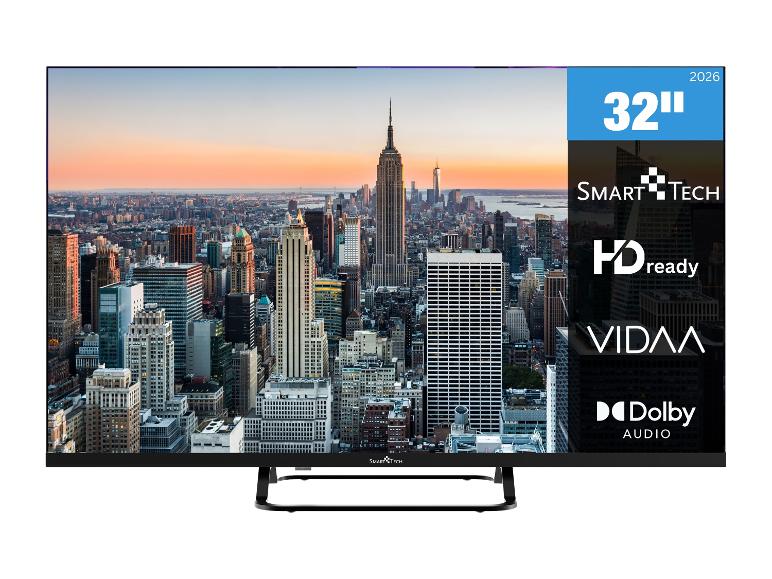 32-Zoll-Fernseher mit Stadtbild im Hintergrund, mit HD Ready, VIDAA und Dolby Audio Logos.