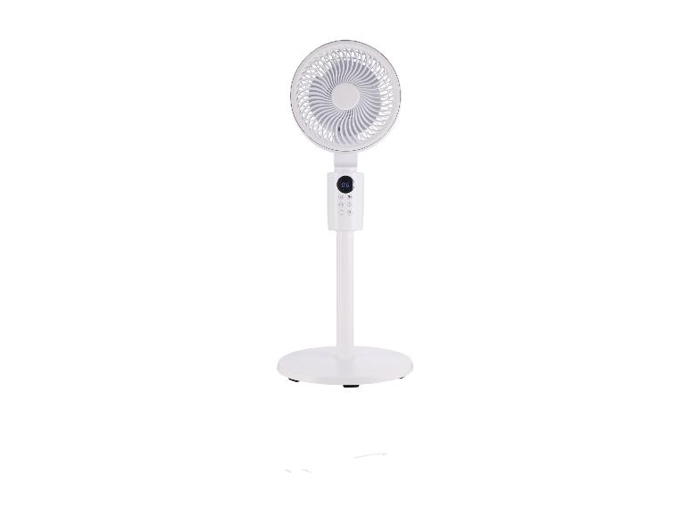 Weißer Standventilator mit Digitalanzeige und Bedientasten.