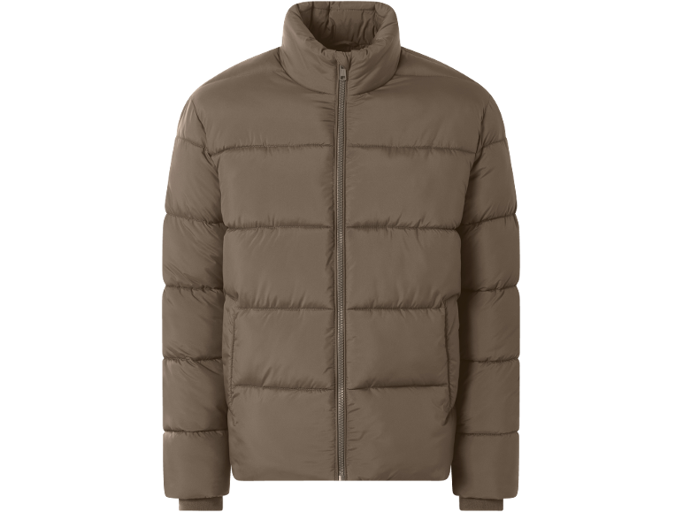 Braune Herren-Steppjacke mit Stehkragen und Reißverschluss.