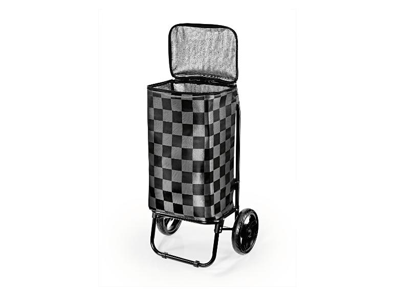 Einkaufstrolley mit schwarz-weißem Karomuster und offenem Deckel.