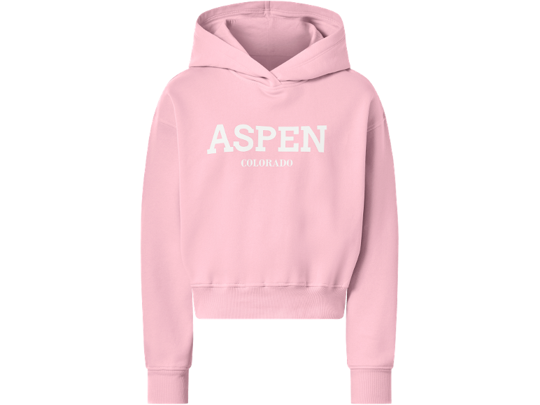 Rosa Kapuzenpullover mit dem Schriftzug „ASPEN“ und „COLORADO“ in Weiß.