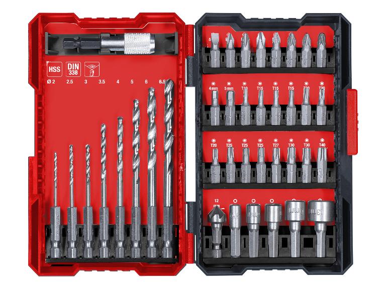 Bohrer- und Bit-Set mit verschiedenen Größen von HSS-Bohrern, Schrauberbits und Steckschlüsseln.