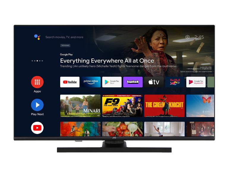 Ein JVC-Fernseher mit Google Play, YouTube, Amazon Prime Video und anderen Streaming-Diensten.