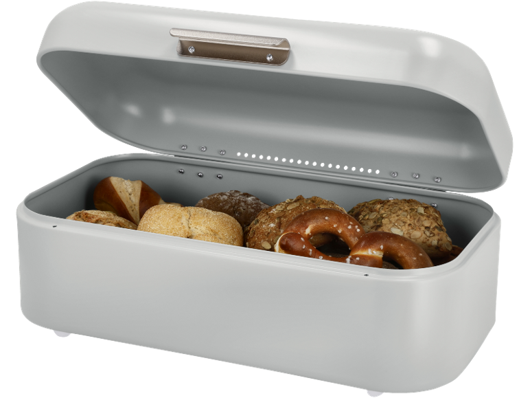Weißer Brotkasten mit verschiedenen Brötchen und Brezeln darin.