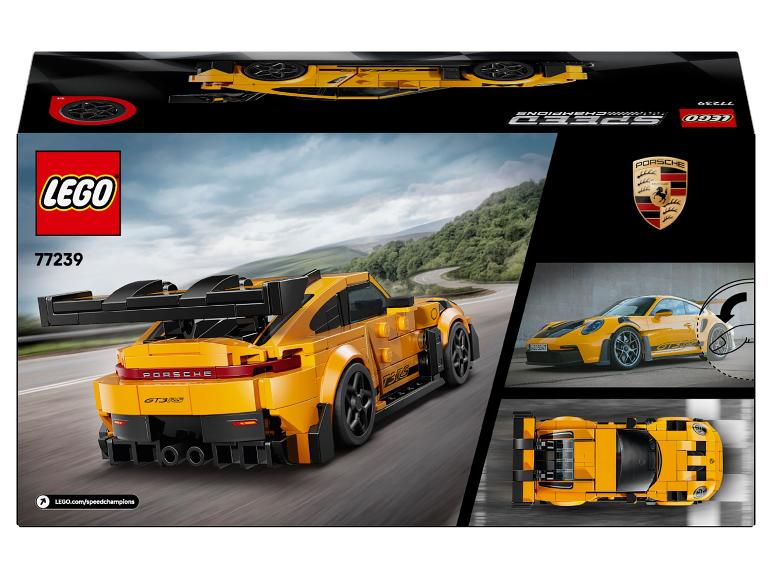 Gelbe Sportwagen-Spielzeugbox mit Logos und Modellnummer 77239.