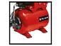 Rote Hauswasserpumpe mit schwarzem Logo und Metall-Details.