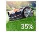 Orange-schwarzer Mähroboter auf Gras mit 35% Rabatt.