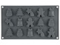 Silikonform zum Backen von Weihnachtsformen wie Schneemänner, Bäume, Sterne und Glocken.
