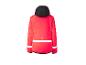 Rote Sportjacke mit schwarzer Kapuze und reflektierenden Streifen, Rückansicht.