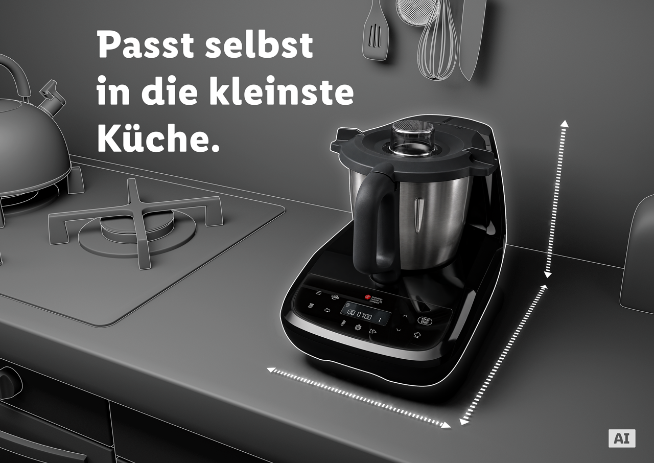 Produktansicht des Monsieur Cuisine compact von vorne. (Mit KI-Wasserzeichen)