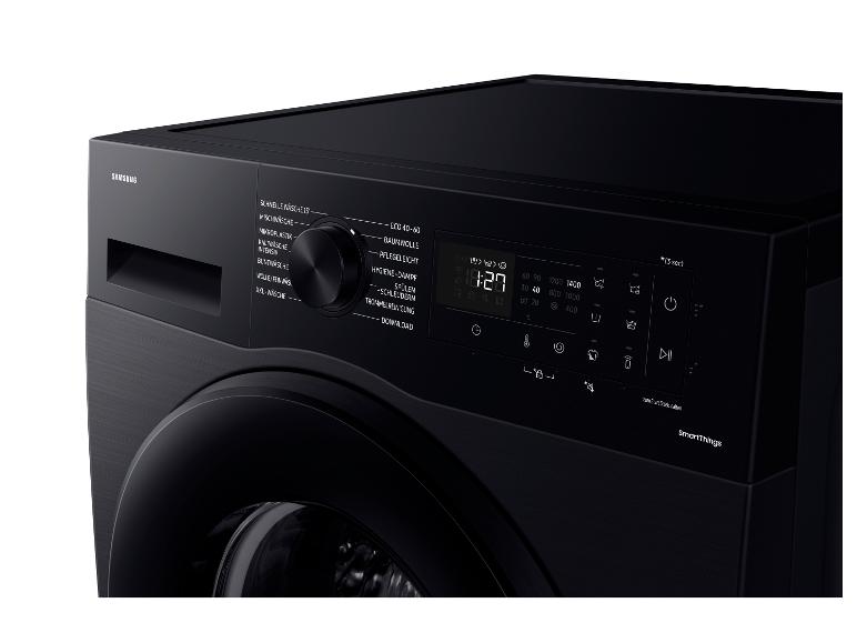 Nahaufnahme des Bedienfelds einer schwarzen Samsung Waschmaschine.