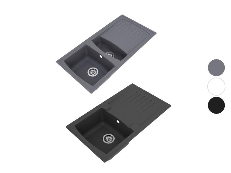 Zwei graue Küchenspülen mit Abtropffläche und Farbmustern.