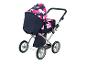 Spielzeugkinderwagen mit dunkelblauem und rosa gemustertem Verdeck