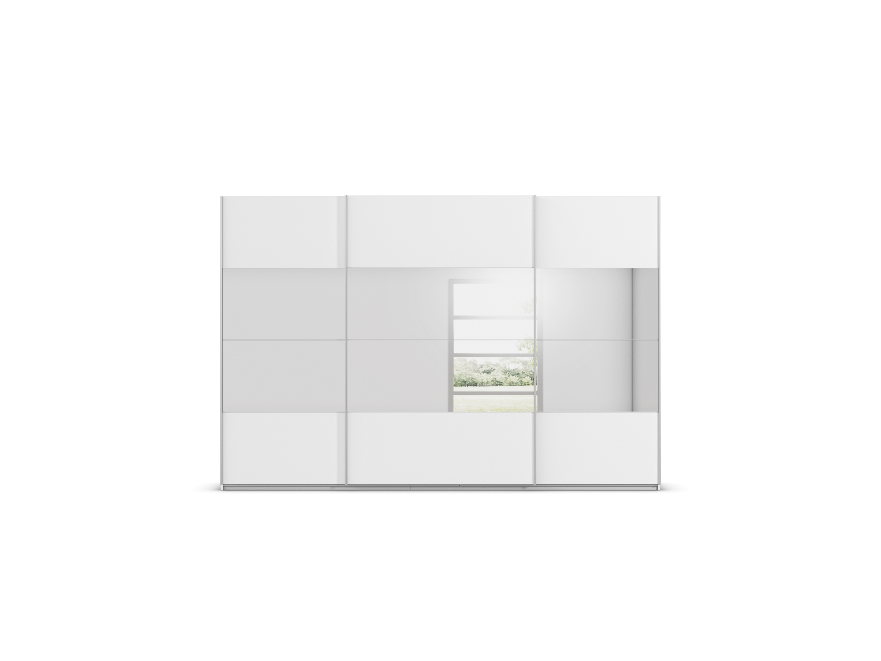 Thumbnail - rauch ORANGE Quadra Schwebetürenschrank mit Spiegelelementen (Premium-Zubehör, Korpus Weiß, 315 x 210 cm)