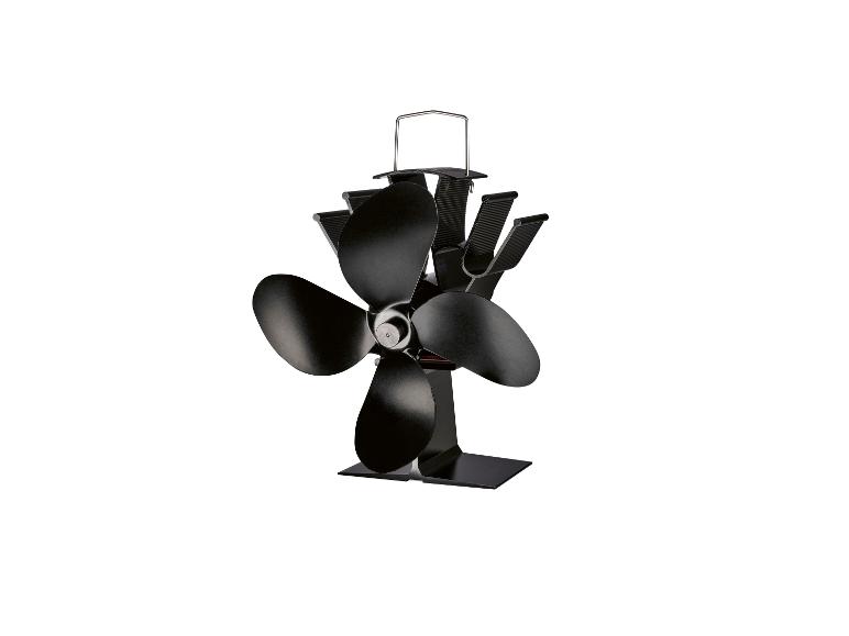 Schwarzer Ofenventilator mit vier Flügeln und Griff.