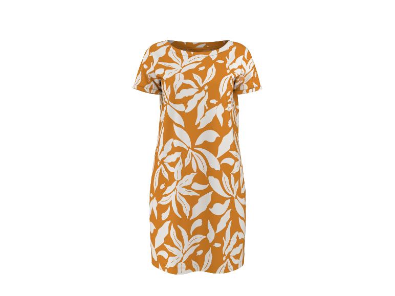 Orange-weißes Midikleid mit Blumenmuster und kurzen Ärmeln