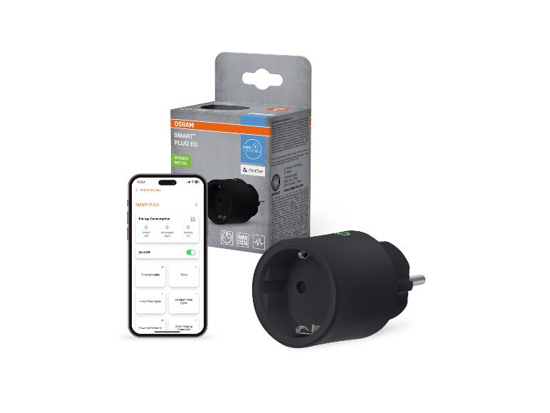 Smarte Steckdose mit Energiezähler und mobiler App-Oberfläche.