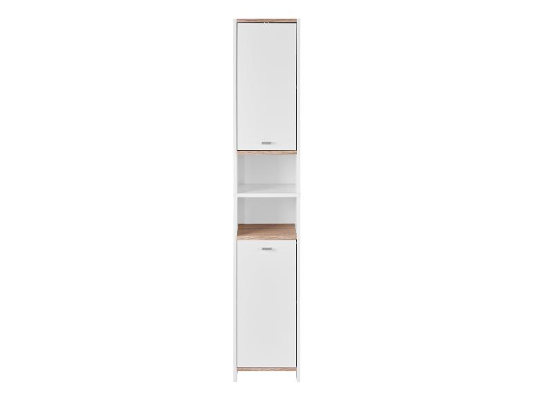 Hoher schmaler Schrank mit weißen Türen und offenen Regalen in hellem Holz.