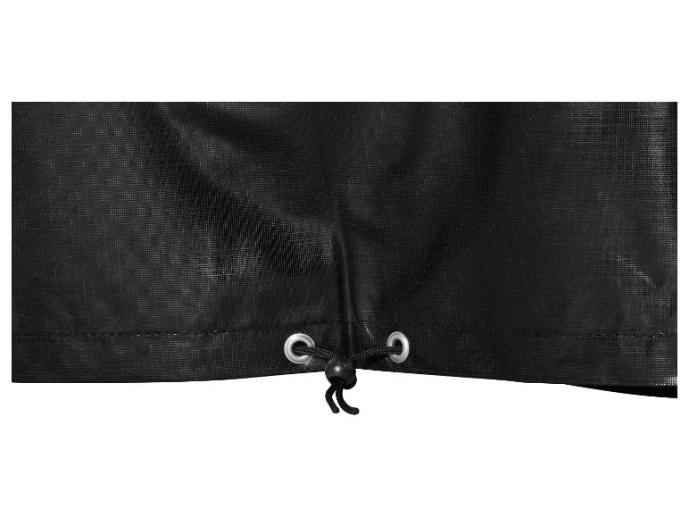 Schwarze wasserdichte Plane mit Kordelzug und Stopper.