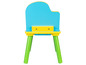 Ein blauer und gelber Kinderstuhl mit grünen Beinen.
