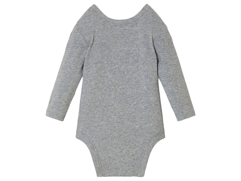 Ein grauer Baby-Strampler mit langen Ärmeln.