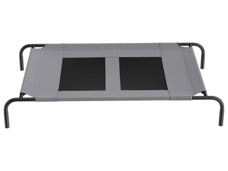 Ein graues Hundebett mit schwarzen, herausnehmbaren Matten.