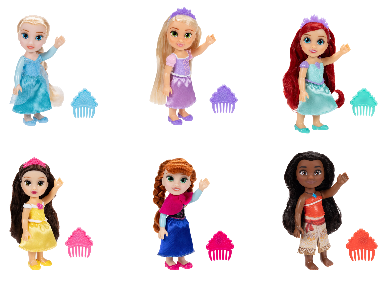 Sechs Disney Princess Puppen (Elsa, Rapunzel, Arielle, Belle, Anna, Vaiana) mit Kämmen