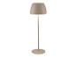 Beige Stehlampe mit glockenförmigem Schirm und rundem Fuß.