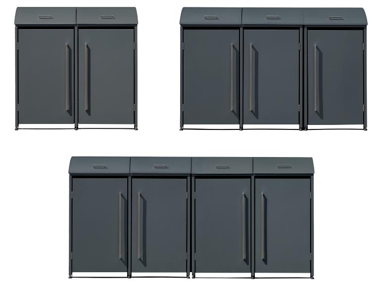 Modulare Mülltonnenboxen in Anthrazit, mit Türen und Griffen.