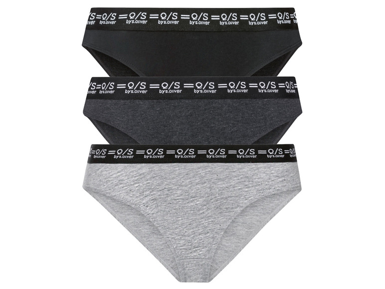 Drei Paar Damen-Slips von bys.oliver in Schwarz, Grau und Hellgrau.