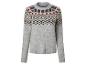 Grauer Damenpullover mit rosa, gelbem und dunkelgrauem Fair Isle Muster.