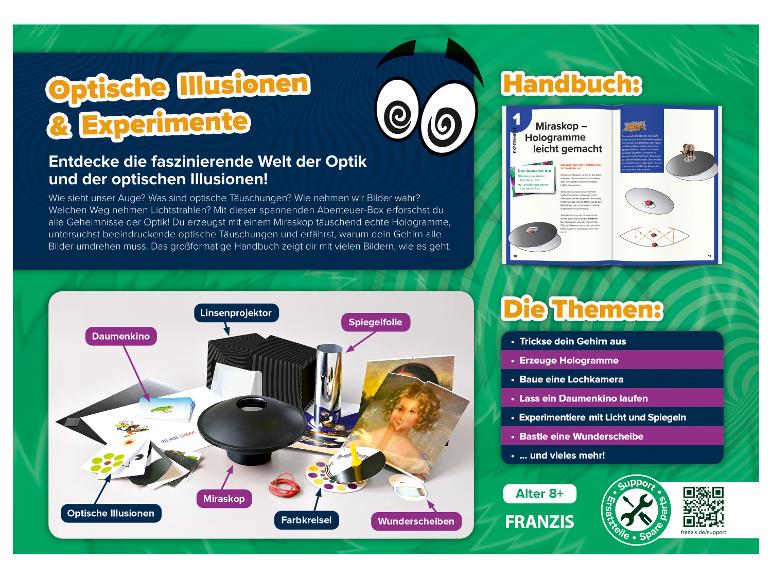 Franzis Optische Illusionen und Experimente Set, mit Miraskop, Linsenprojektor und Spiegelfolie.