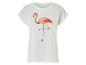 Weißes T-Shirt mit kurzen Ärmeln und Flamingo-Motiv.