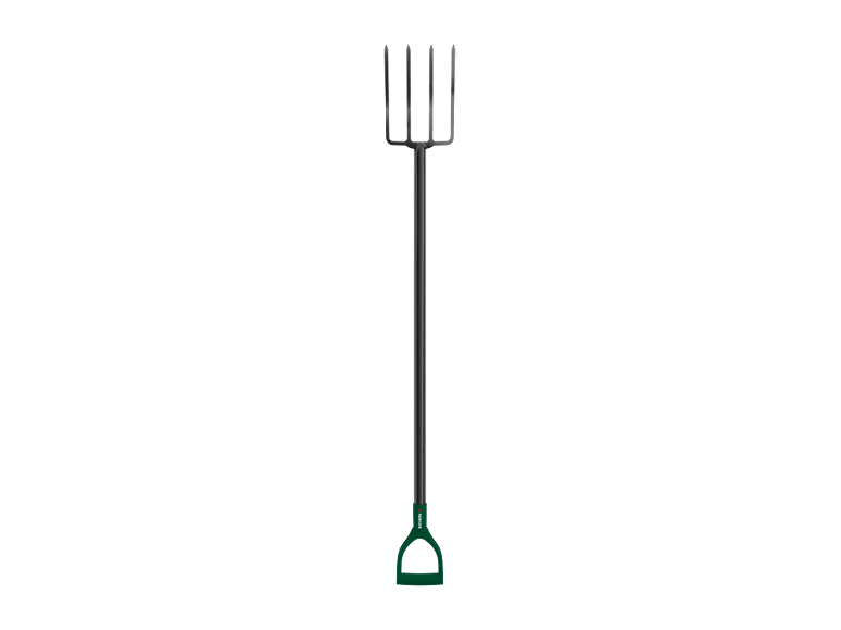 Gartengabel mit schwarzem Stiel und grünem D-förmigem Griff.