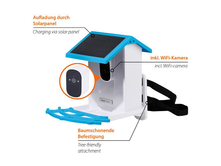 Vogelhaus mit integrierter WiFi-Kamera, Solarladung und baumschonender Befestigung.